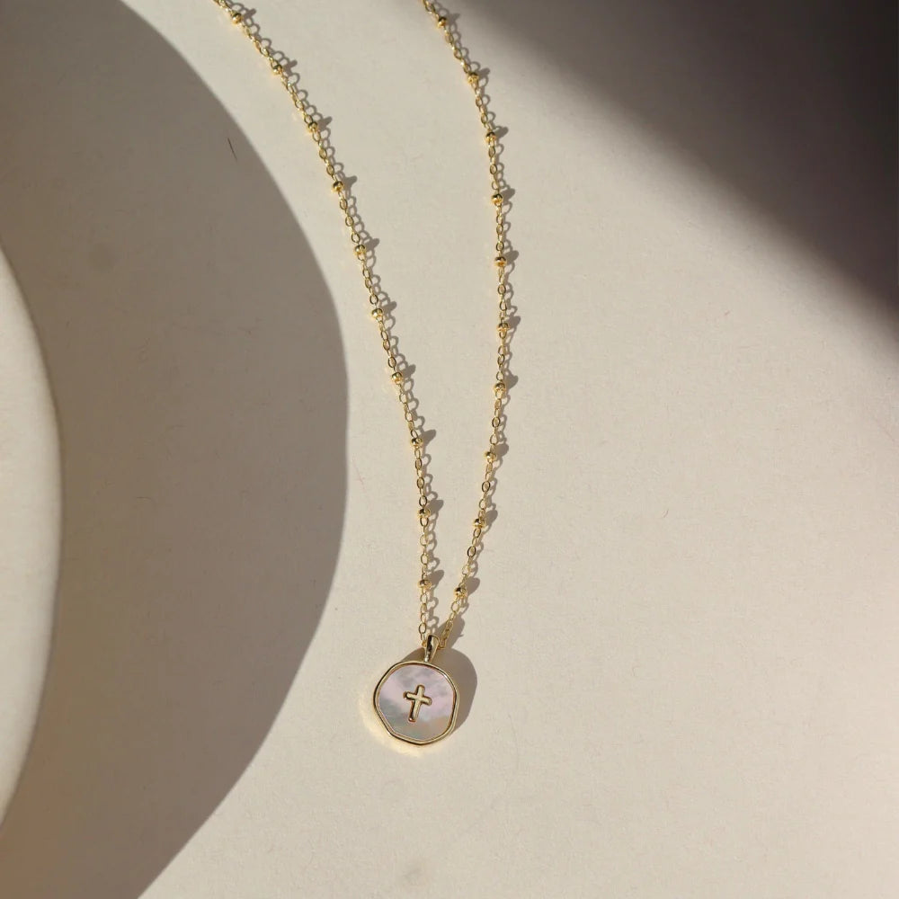 TKN Beaded Mother of Pearl Cross Necklace