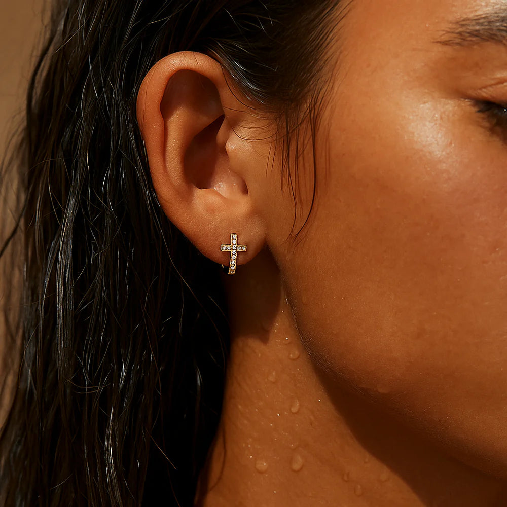 EV Ridge Cross Huggie Hoop Earrings