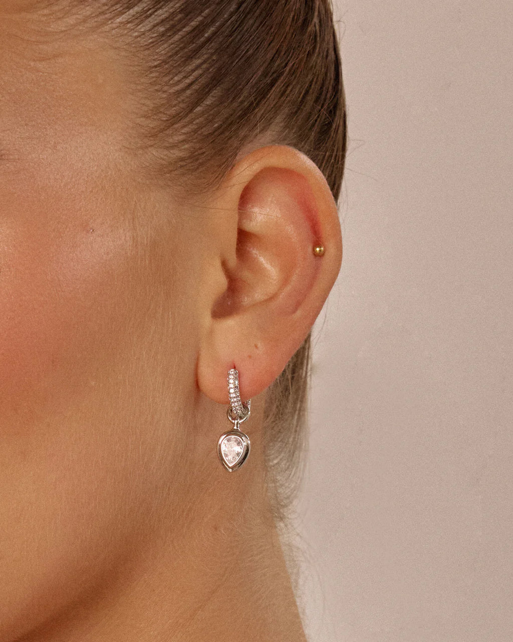 LAJ Pear Double Bezel Charm Huggies