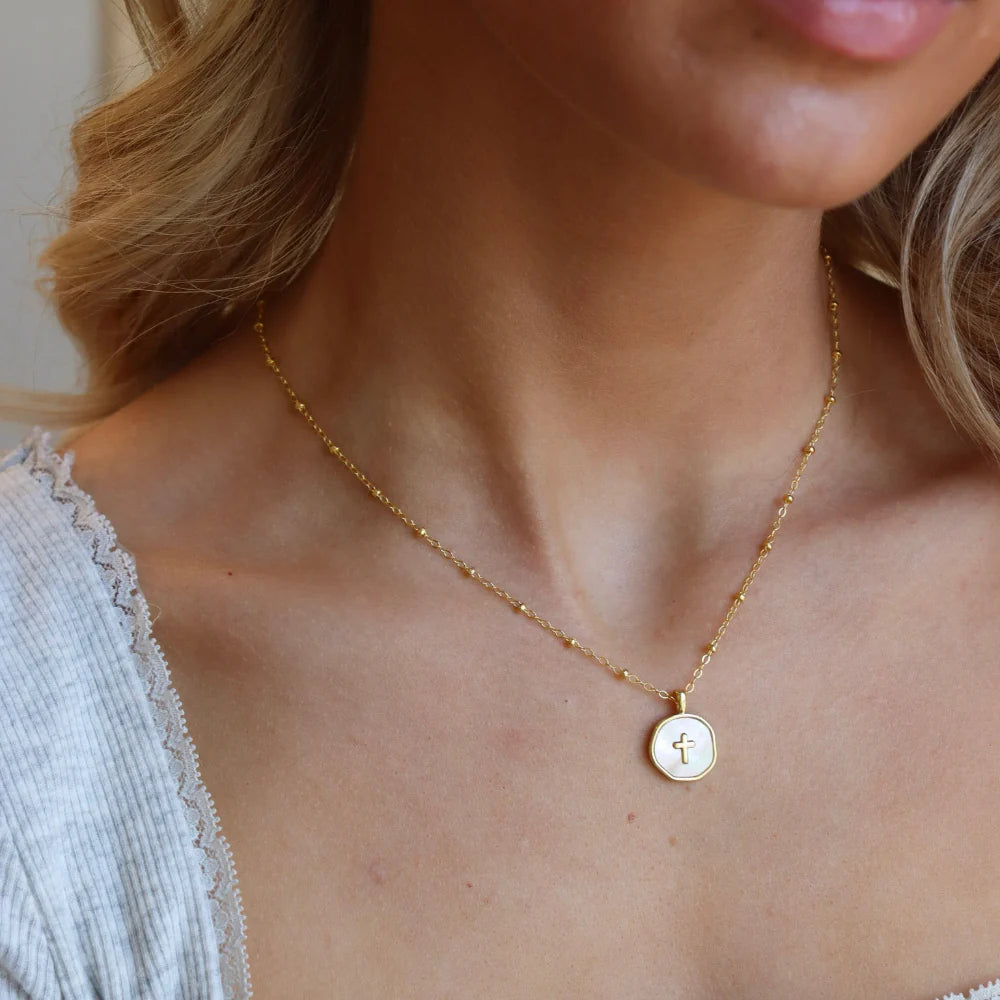 TKN Beaded Mother of Pearl Cross Necklace