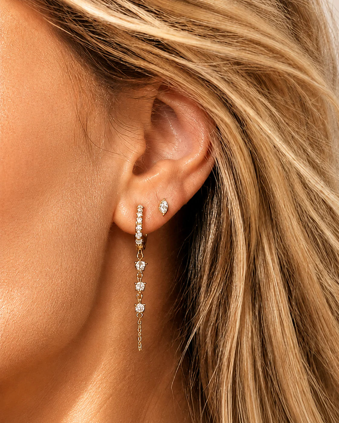 14k Vermeil Triple CZ Stone Chain Huggie