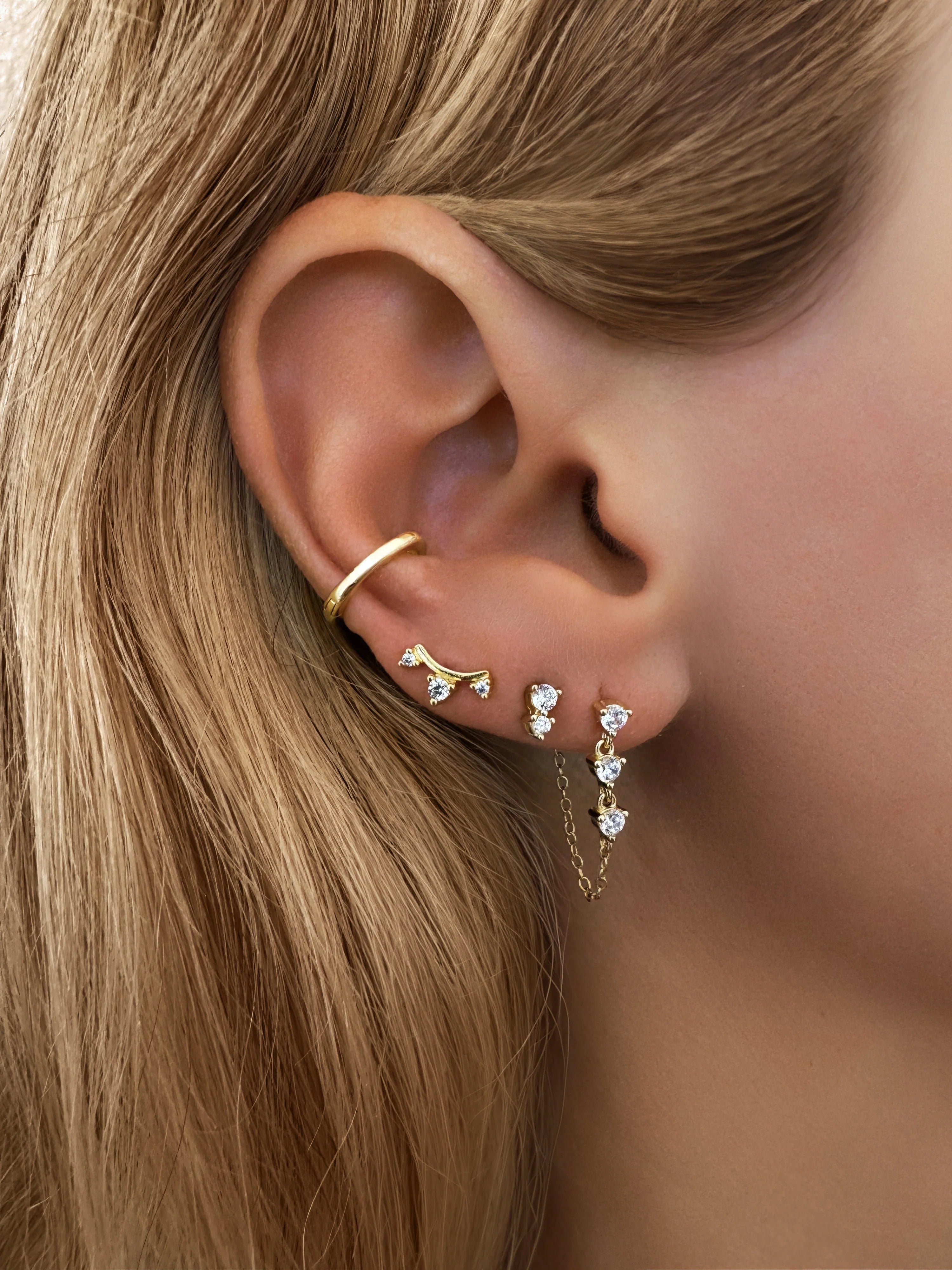 14k Vermeil CZ Dangle Chain Stud Earrings - Mini