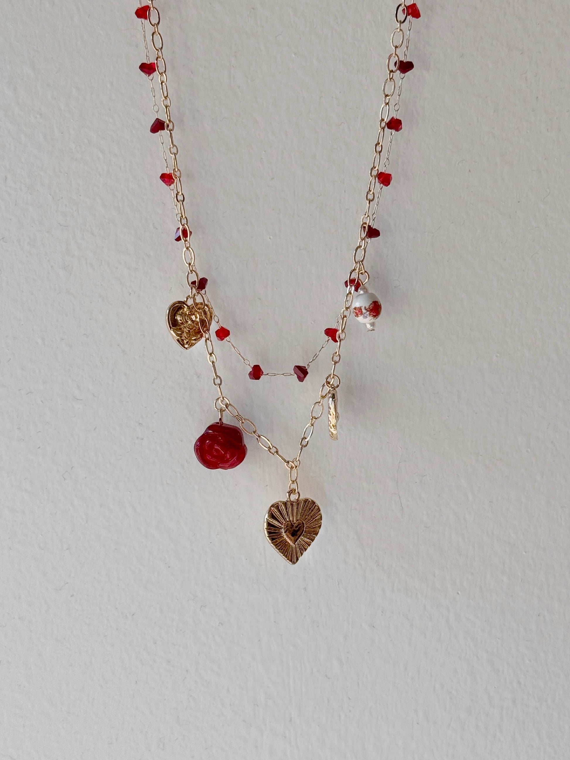 Red Heart Charm Doble Strand Necklace