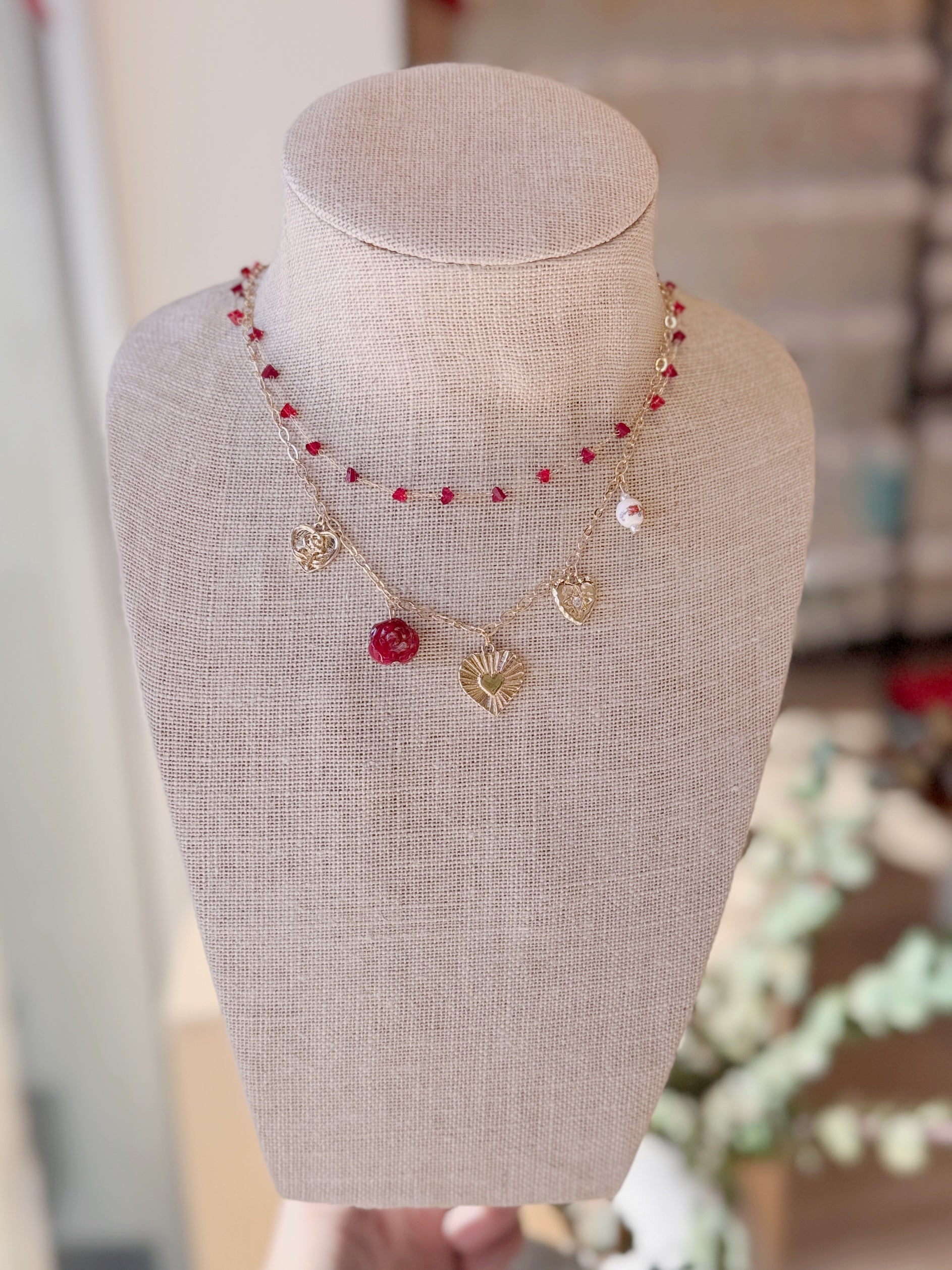 Red Heart Charm Doble Strand Necklace