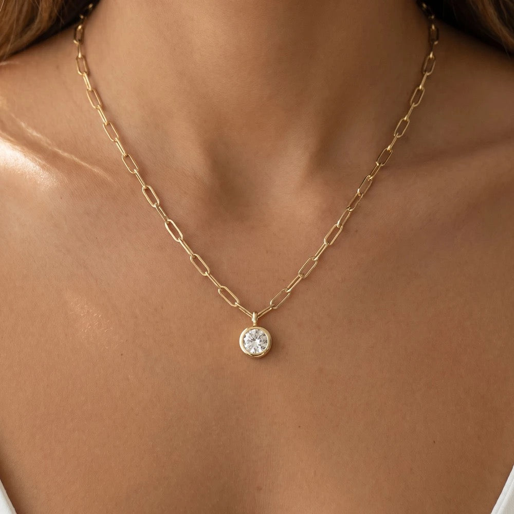 Paperclip Necklace with a Round CZ