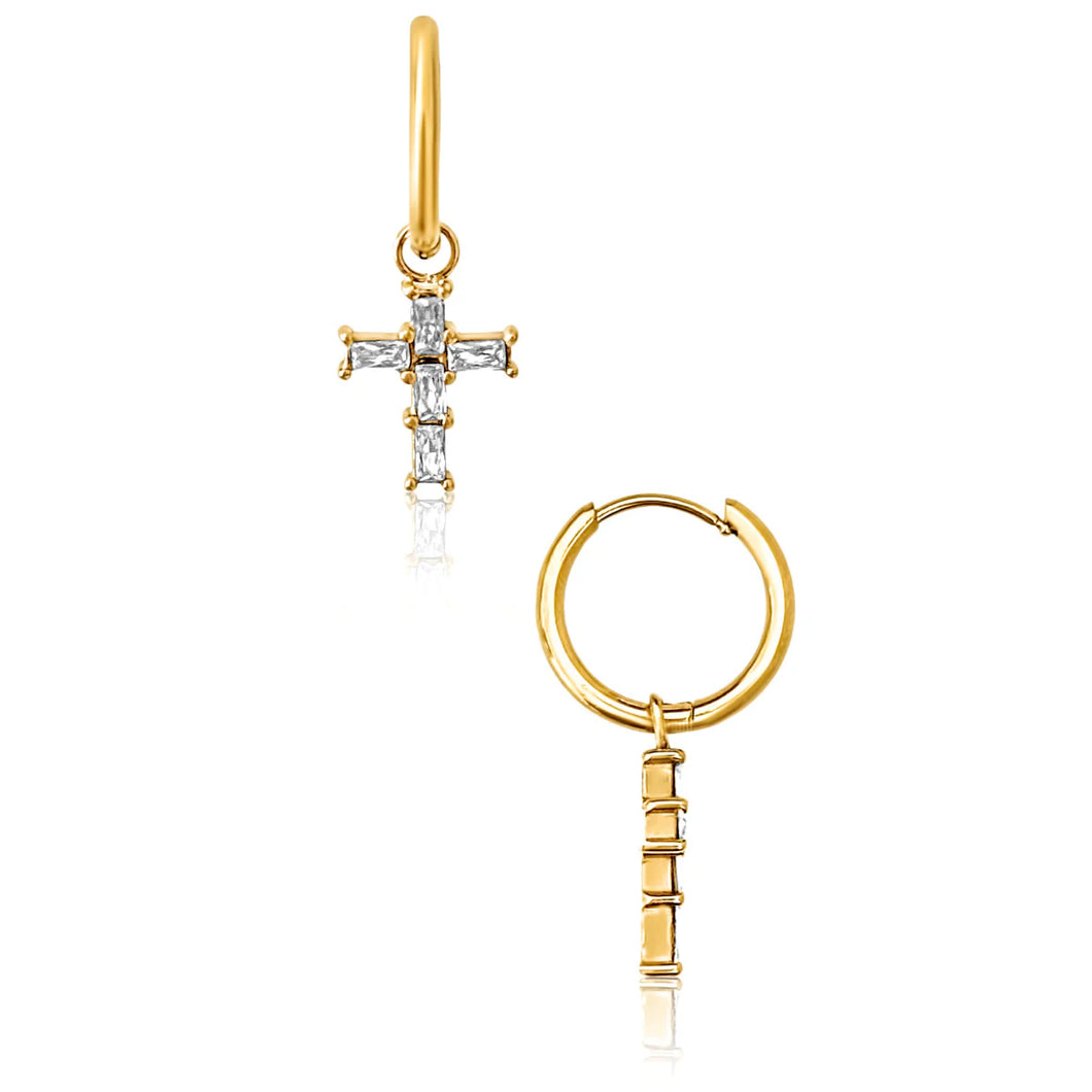 EV Taran Baguette Cross Huggie Hoop Earrings
