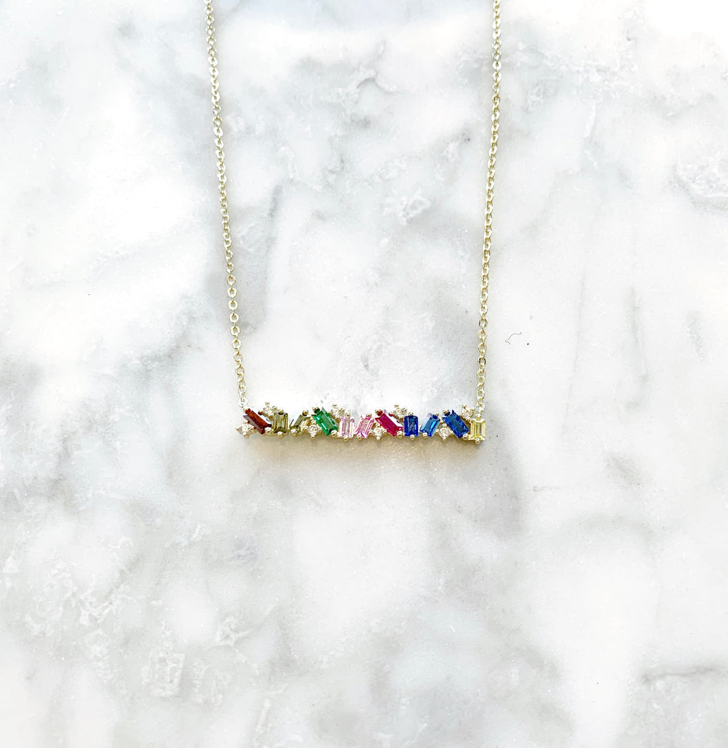 Sterling Silver CZ Rainbow Bar Necklace